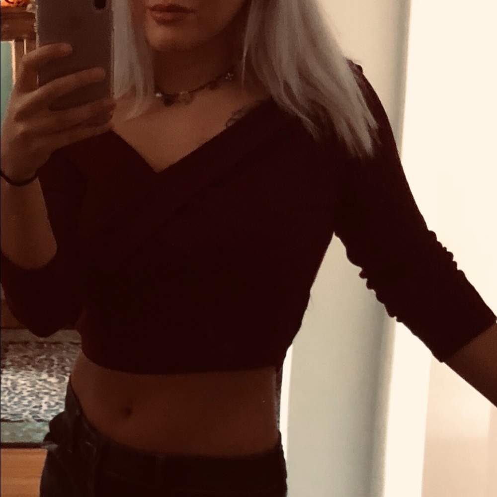 Fashion Nova burgundy off the shoulder crop